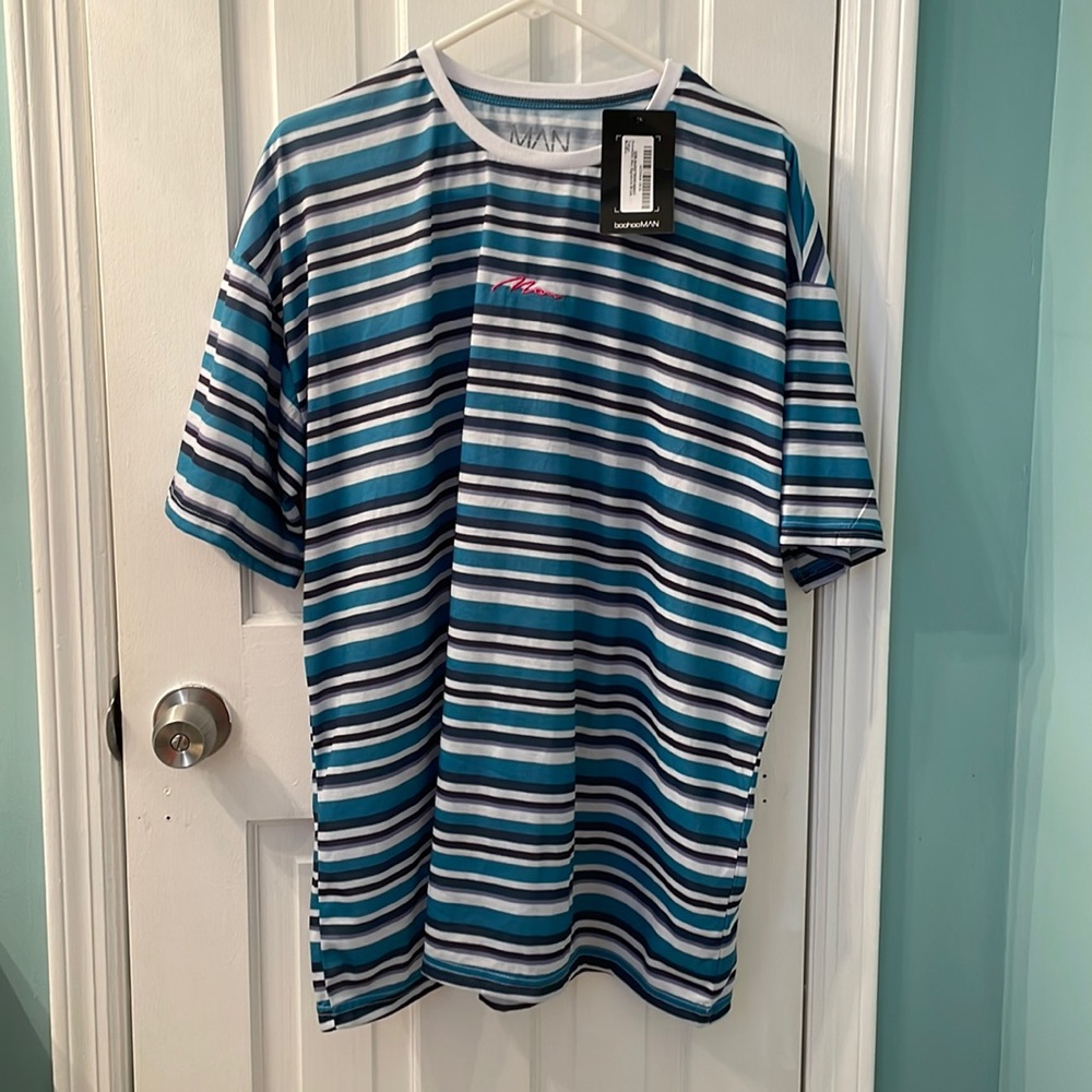 Oversized boohooMAN signature stripe T-shirt. Brand new.